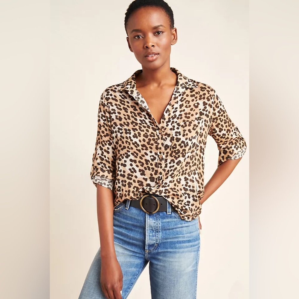 Cloth & Stone Leopard Print Cropped Tie Front Button Down Tee Size Small